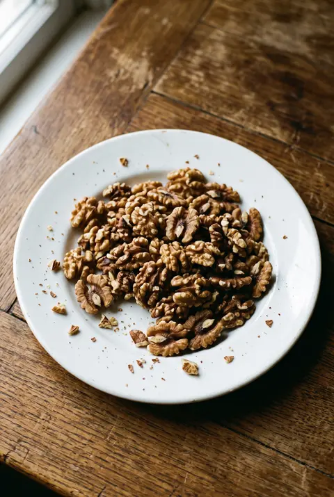 Walnuts, about 100 g, on a white plate