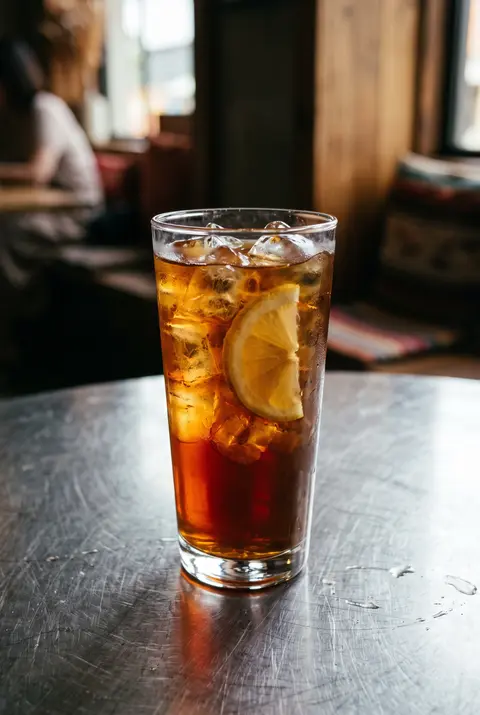 500 ml of amber iced tea with ice and a slice of lemon in a clear glass