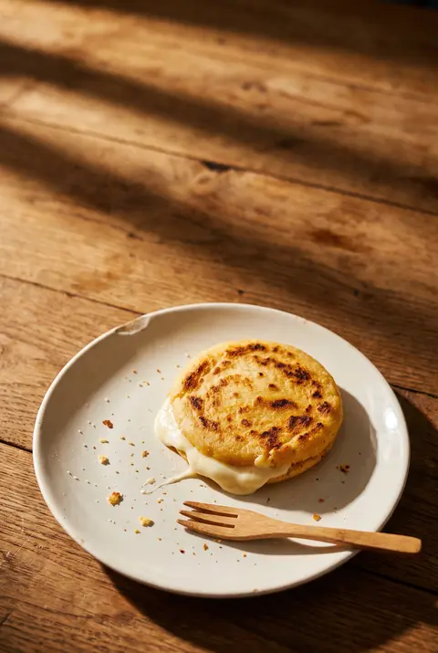 A grilled arepa with melted white cheese on a white plate