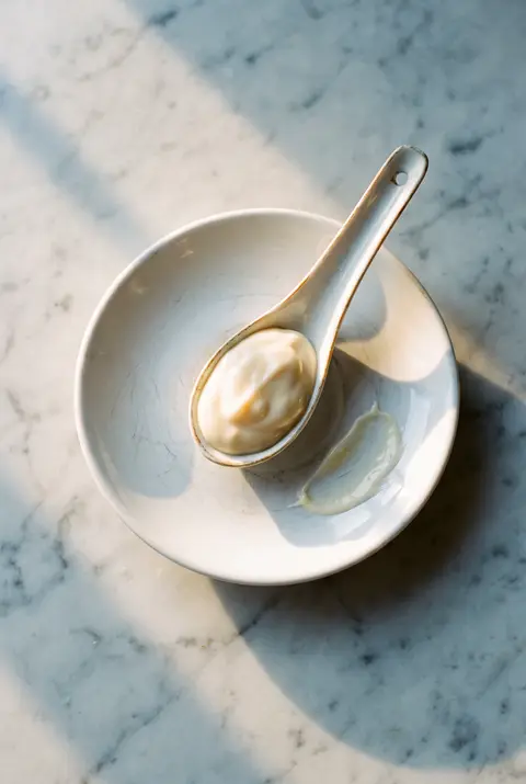 A tablespoon of mayonnaise in a small white porcelain spoon on a white plate