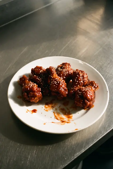 Six pieces of Korean fried chicken in a sticky red glaze with sesame seeds on a white plate