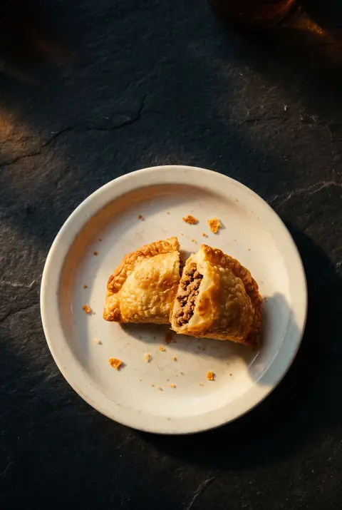 A golden fried meat pastry on a white plate