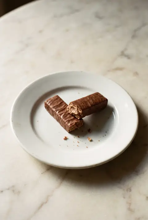 Two wafer bars covered in milk chocolate with a creamy hazelnut filling on a white plate