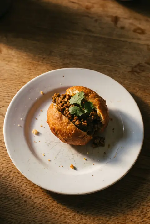 A golden vetkoek split open and filled with curried mince on a white plate