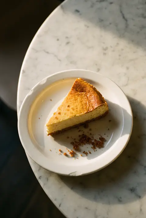 A slice of baked cheesecake with a biscuit base on a white plate