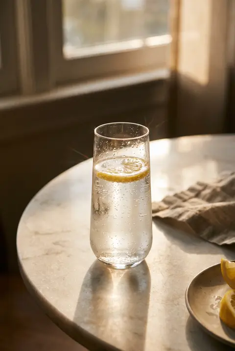 Sparkling water with fine bubbles and a slice of lemon in a clear glass
