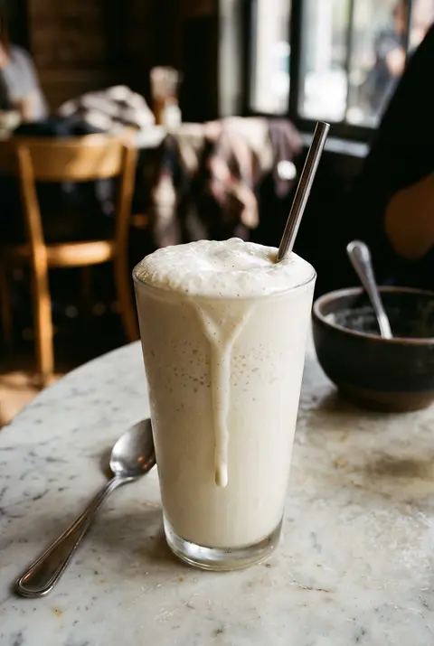 A medium vanilla milkshake in a milkshake glass