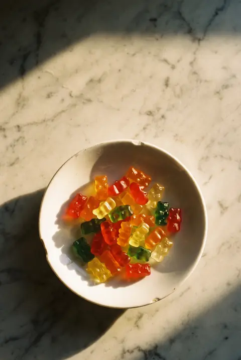 A small heap of colourful gummy bears on a white plate