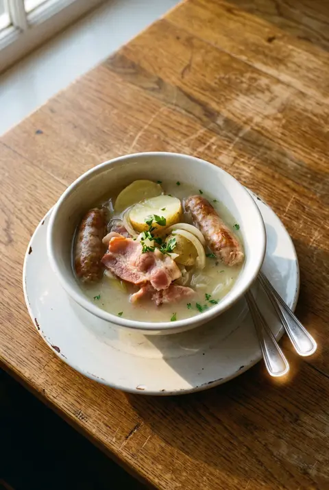 A white porcelain bowl of Dublin coddle with sausages on a white plate