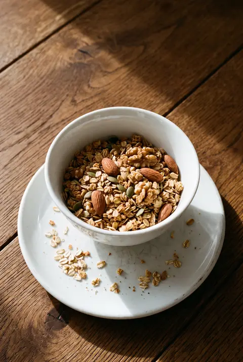 A white porcelain bowl of crunchy oat granola with nuts on a white plate