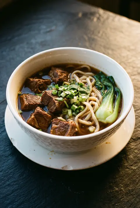 A big white porcelain bowl of beef noodle soup with braised beef on a white plate