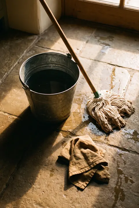 A metal bucket, a mop and a folded cloth on a freshly mopped stone floor
