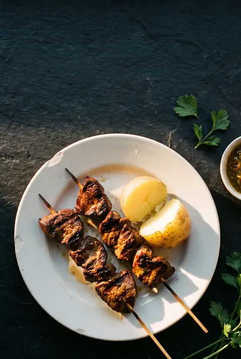 Two Peruvian anticucho skewers of grilled beef heart with a boiled potato on a white plate