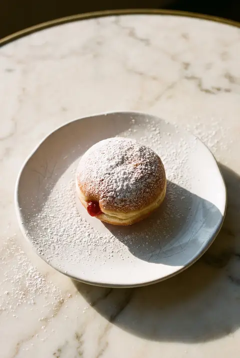 A jelly donut dusted with sugar on a white plate