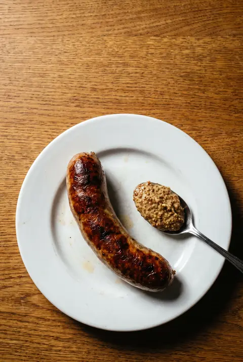 A large grilled bratwurst with browned skin on a white plate