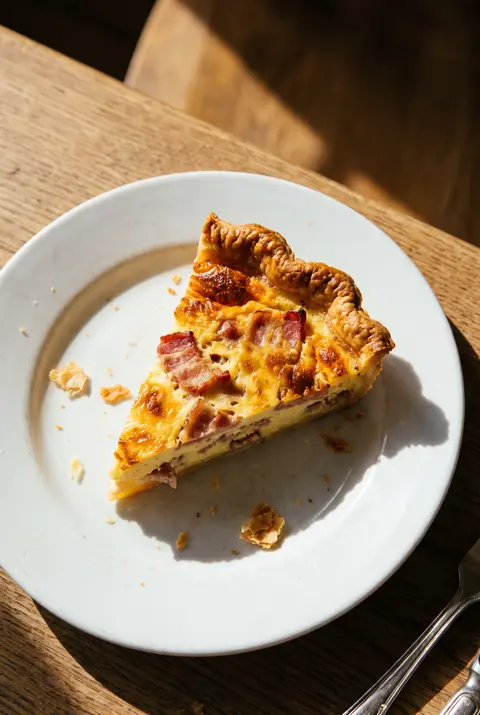 A slice of quiche lorraine with a golden pastry edge on a white plate