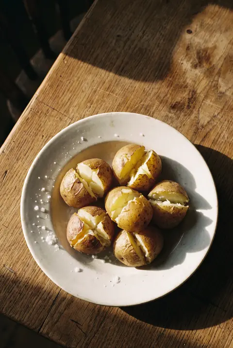 A portion of boiled potatoes with their skins split on a white plate
