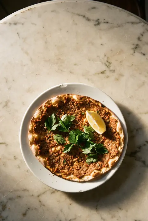 A thin lahmacun with spiced minced meat on a white plate