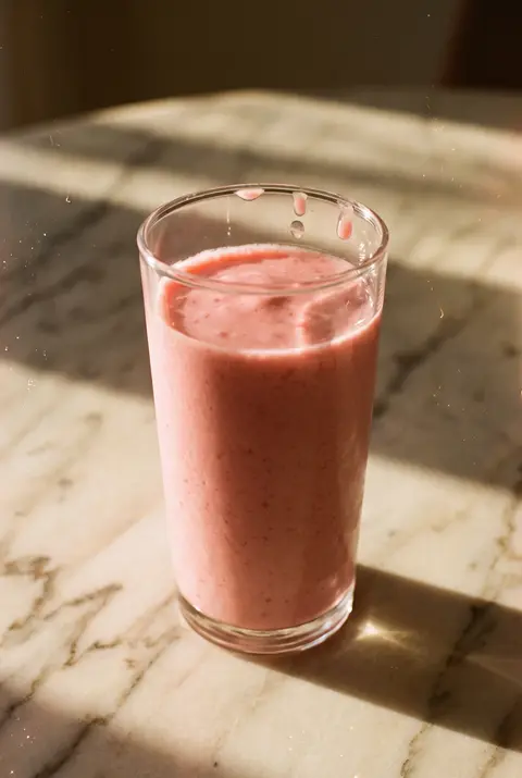 250 ml of thick pink fruit smoothie in a clear glass