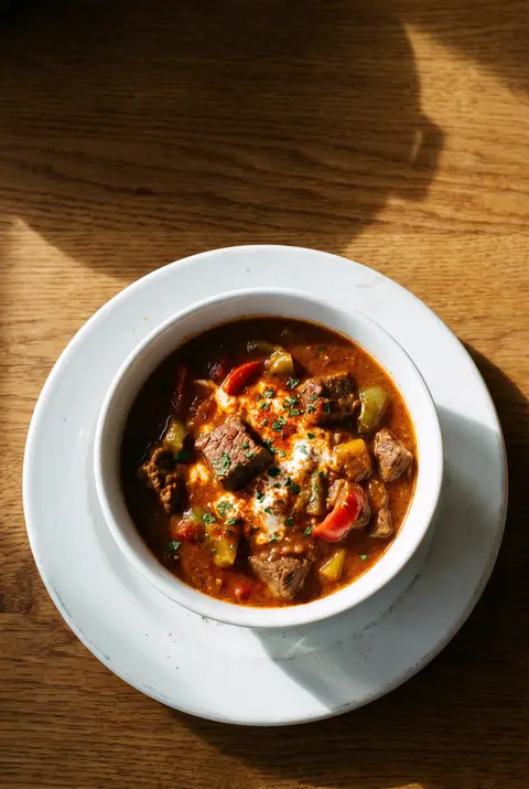 A white porcelain bowl of beef goulash with paprika sauce on a white plate