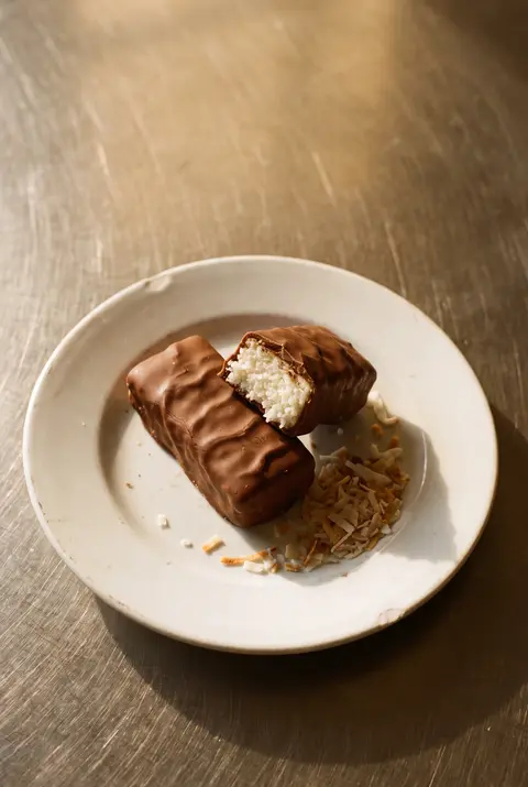 Two coconut bars covered in milk chocolate on a white plate