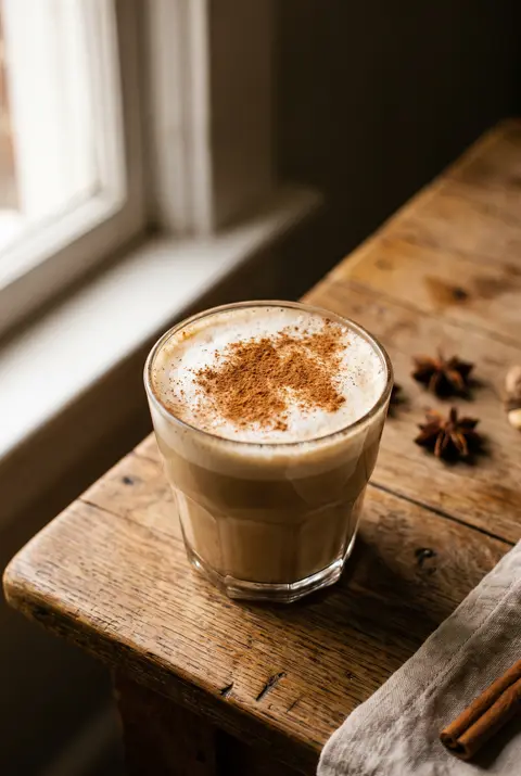 A chai latte with milk foam and a dusting of cinnamon in a clear glass
