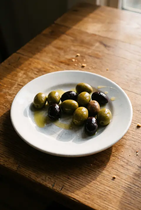 Ten green and black olives on a white plate