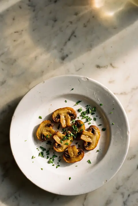 A portion of sliced pan fried mushrooms on a white plate