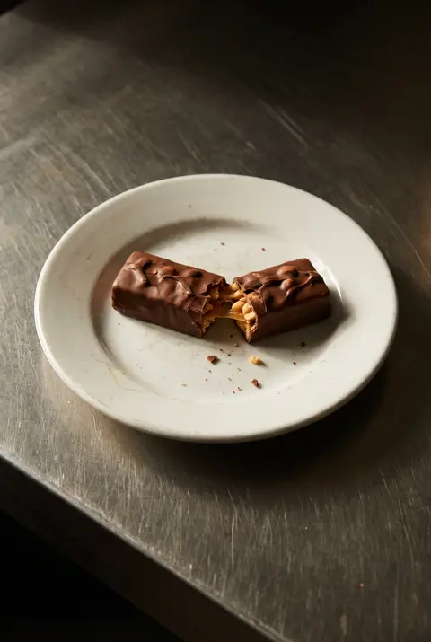 A small chocolate bar with peanuts and caramel on a white plate