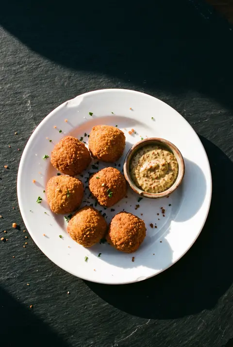 Six golden bitterballen with a small dish of mustard on a white plate