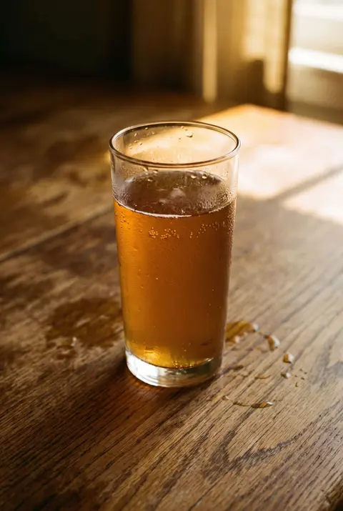 330 ml of amber kombucha with a few fine bubbles in a clear glass