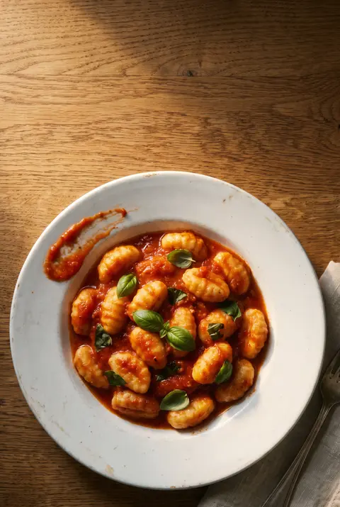 A plate of potato gnocchi in tomato sauce with a little basil on a white plate