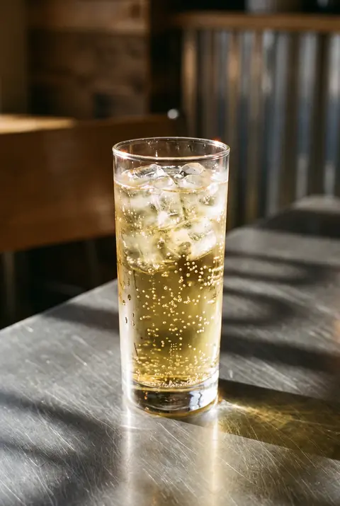 250 ml of pale golden energy drink with ice and fine bubbles in a clear glass