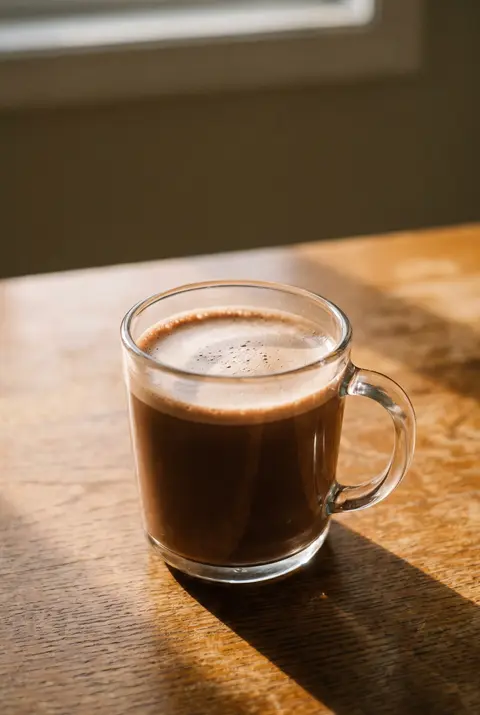 A hot chocolate made with milk in a clear glass mug