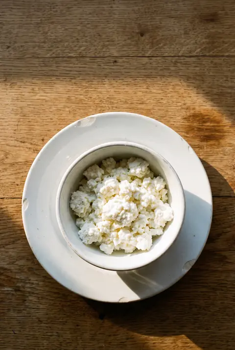 A white porcelain bowl of cottage cheese on a white plate