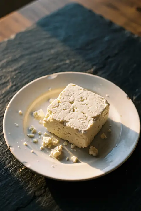 A piece of feta cheese crumbling at the edges on a white plate