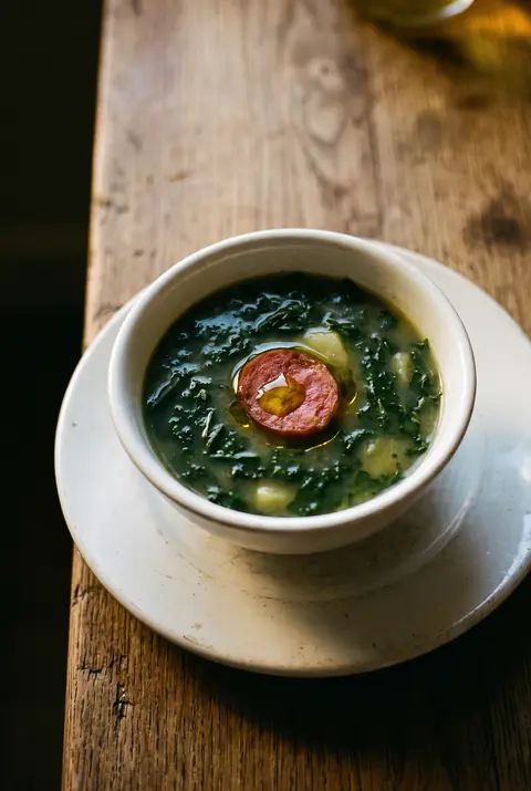 A white porcelain bowl of caldo verde on a white plate