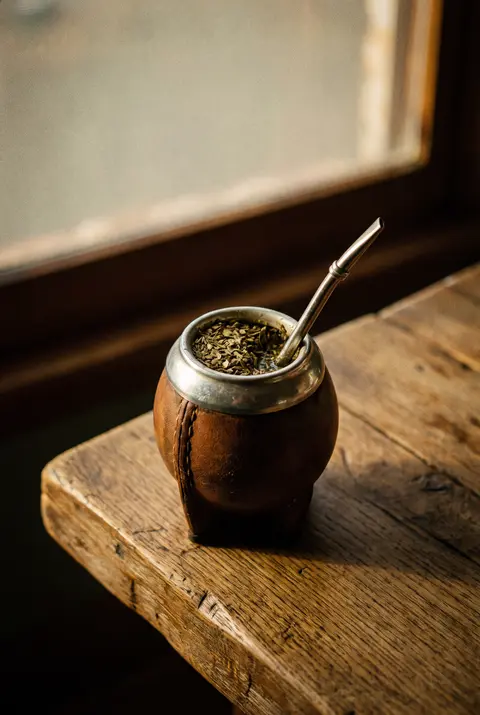 Yerba mate in a traditional gourd with a metal straw in a gourd