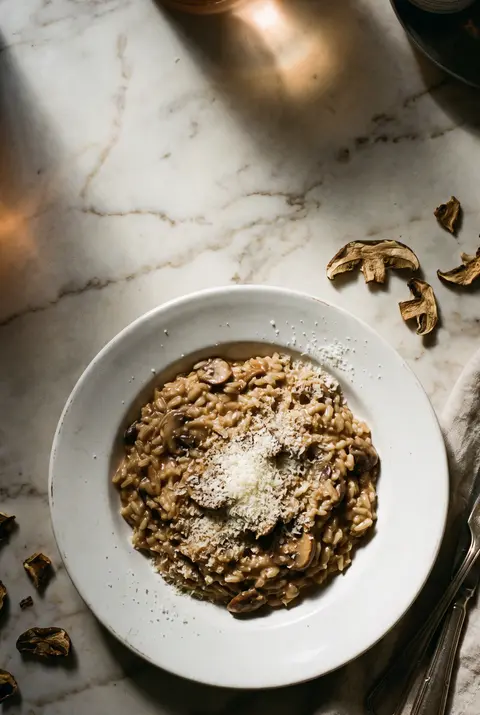 A plate of creamy mushroom risotto with grated parmesan on a white plate