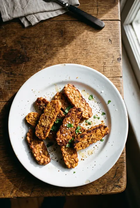 Tempeh, about 100 g, on a white plate