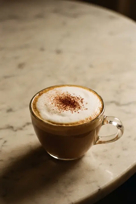 A cappuccino with thick milk foam and a light dusting of cocoa in a clear glass cup