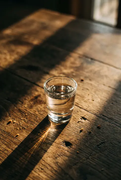 A 40 ml shot of clear plum brandy in a shot glass