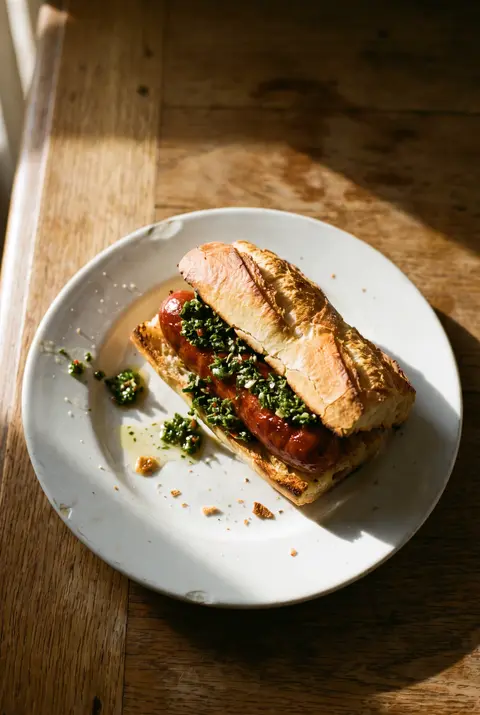 A choripan on a white plate