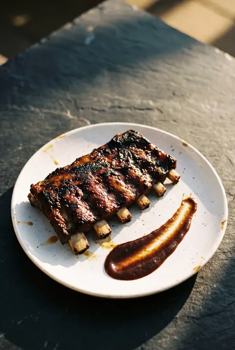 Half a rack of barbecue pork ribs on a white plate