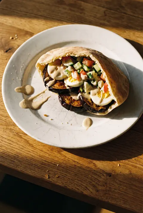 A stuffed pita with fried aubergine on a white plate