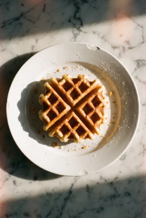 A plain golden Belgian waffle on a white plate