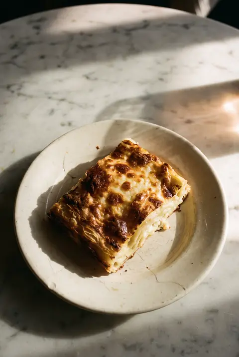 A portion of baked strukli on a white plate