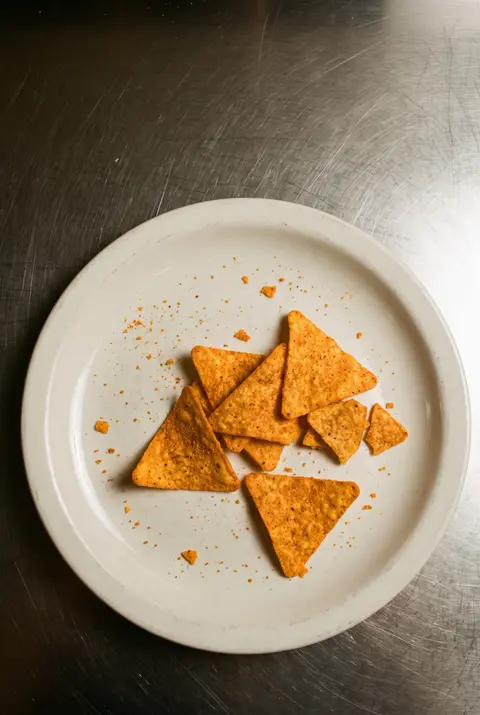 A small handful of orange triangular tortilla chips with cheese seasoning on a white plate