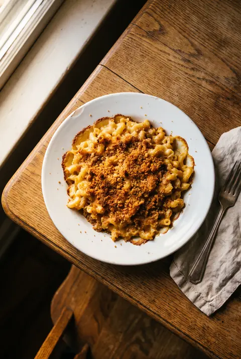 A plate of macaroni cheese with a golden baked top on a white plate