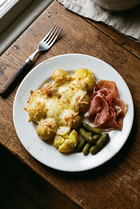 Melted raclette cheese poured over boiled potatoes on a white plate
